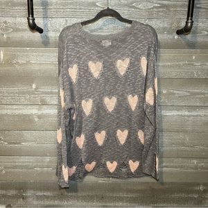 BiBi | Distressed Gray Loose Fit Sweater | Light Pink Heart Pattern | XL